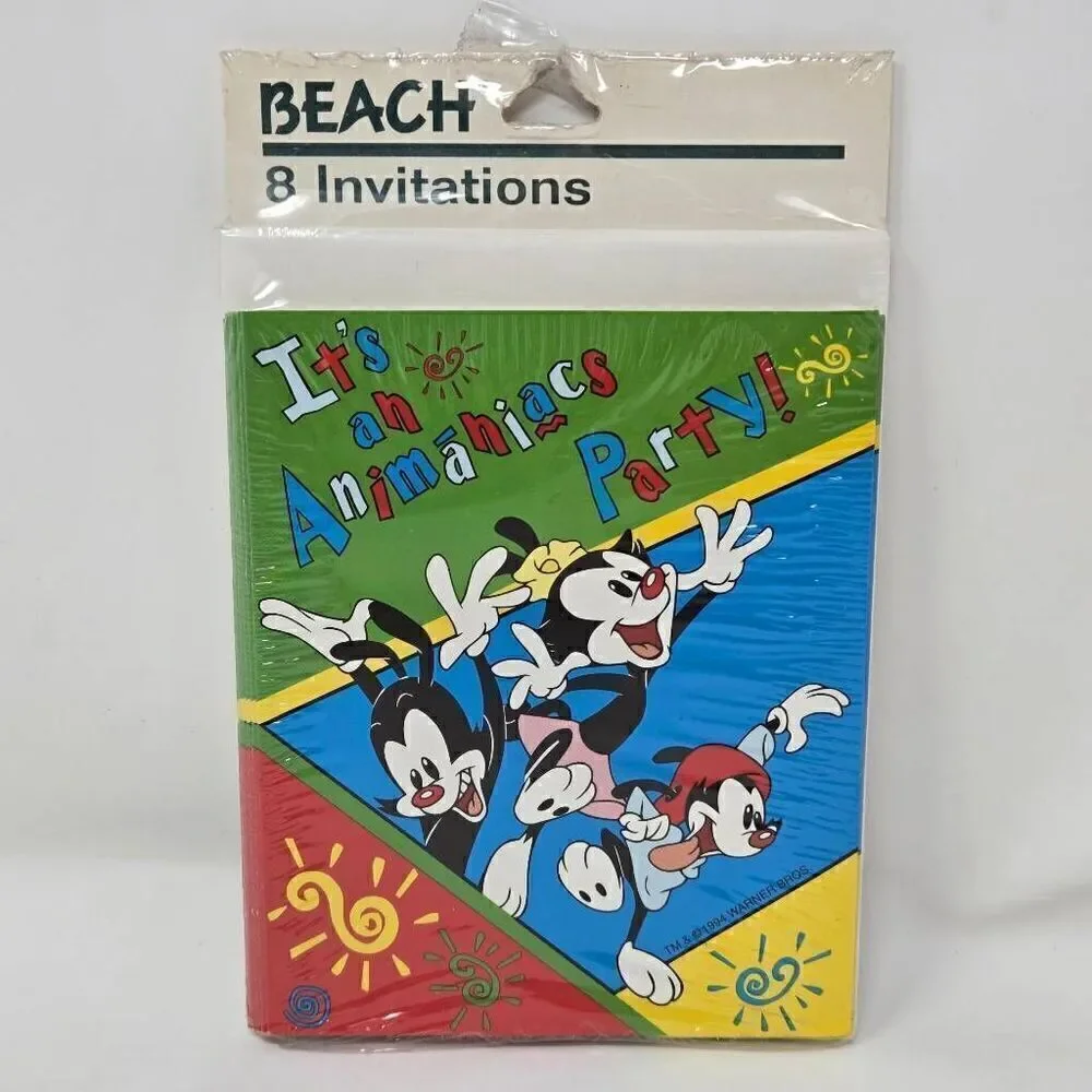 VINTAGE BEACH 1994 WARNER BROTHERS ANIMANIACS BIRTHDAY PARTY 8 INVITATIONS NEW